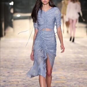 Alice McCall I Feel It Coming Midi Dress Size 2 Blue Silver Silk Cutout Evening